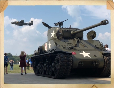 B-25 Flying Over Behind Sherman Tank